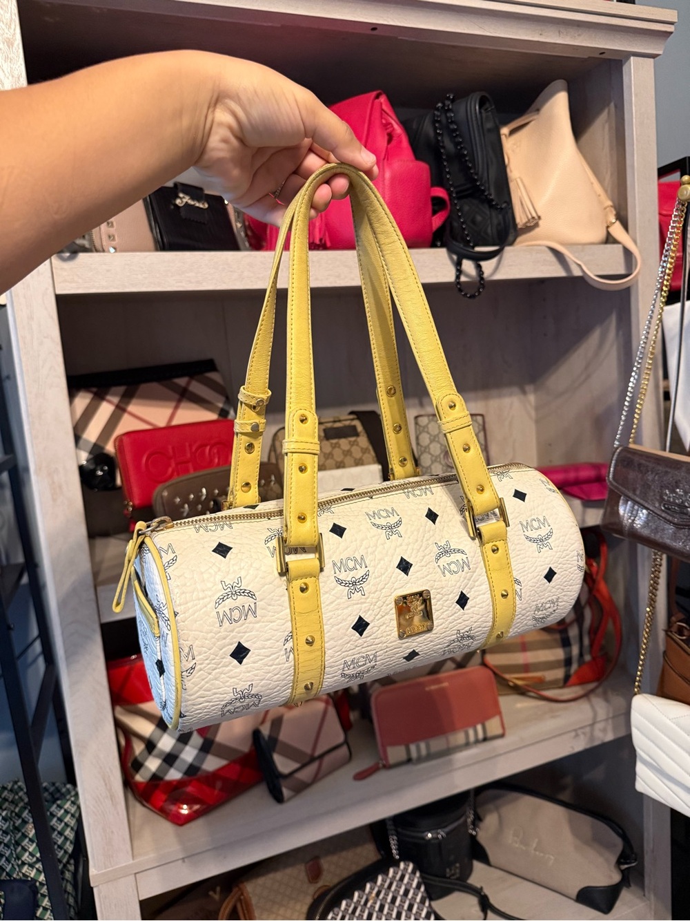 MCM White and Yellow Visetos Barrel Bag